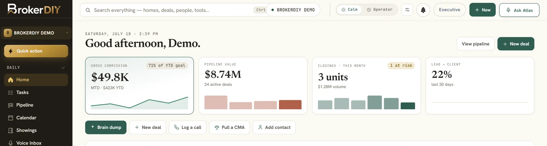 BrokerDIY demo dashboard overview showing gross commission, pipeline value, closings, and quick actions with sample data