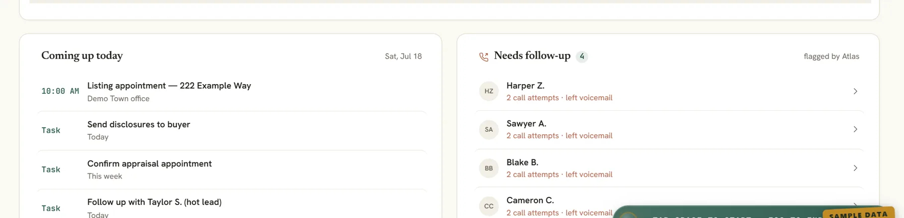 BrokerDIY demo home view showing today's schedule and follow-up queue with sample contacts